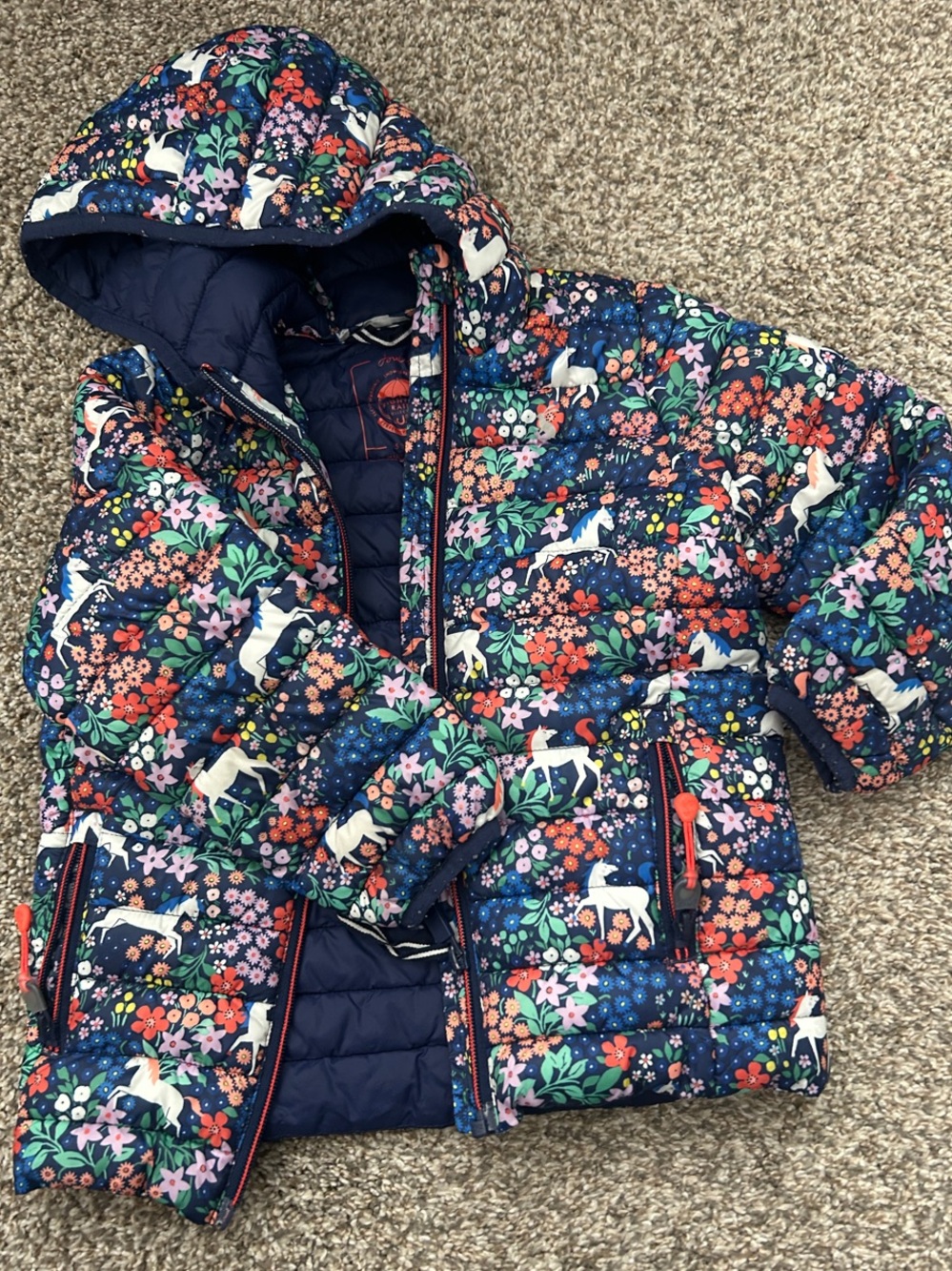 Girls Floral Unicorn Puffer Jacket - Navy Multi